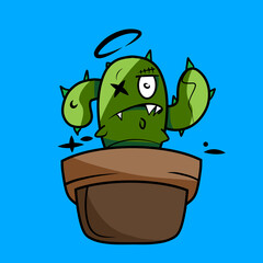 Quirky Cartoon Cactus with Halo Against Blue Background