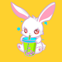 Cute Cartoon Rabbit Drinking Bubble Tea
