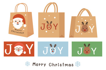 Christmas or New year paper bag with hand written fonts, reindeer, snowflakes and Cute price tag isolated on white background vector.