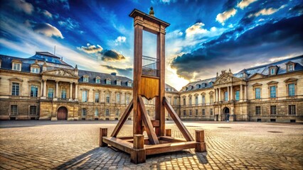 Traditional French guillotine standing tall in a historical setting, symbolizing justice and history