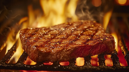 A sizzling steak being seared on a grill, with flames rising and glowing embers in the background. The cinematic, close-up view highlights the textures and vibrant colors of the food.
