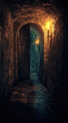 Obraz premium Mysterious stone corridor with an ancient door and flickering torchlight, inviting adventure and intrigue in a dark setting.