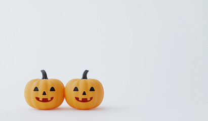 A 3D render of two cute pumpkins with carved faces on a white background.Minimal creative Halloween holiday concept.Copy space,flat lay	
