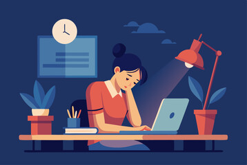 Exhausted young woman at desk struggling with deadline and burnout prevention strategies