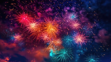 A vibrant display of fireworks explodes in the night sky, creati