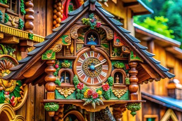 Obraz premium Traditional wooden cuckoo clock with intricate carvings and a charming rustic design on display