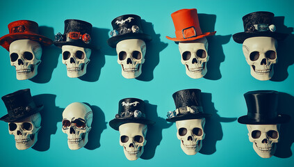 Obraz premium Numerous skulls, each adorned with a different hat, are arranged in rows on the left side of the frame against an isolated teal background, 