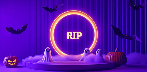 A purple and yellow striped background features a Halloween-themed podium with pumpkins, ghosts, and bats flying around a glowing light ring, along with the text "RIP" on an empty display stand mockup