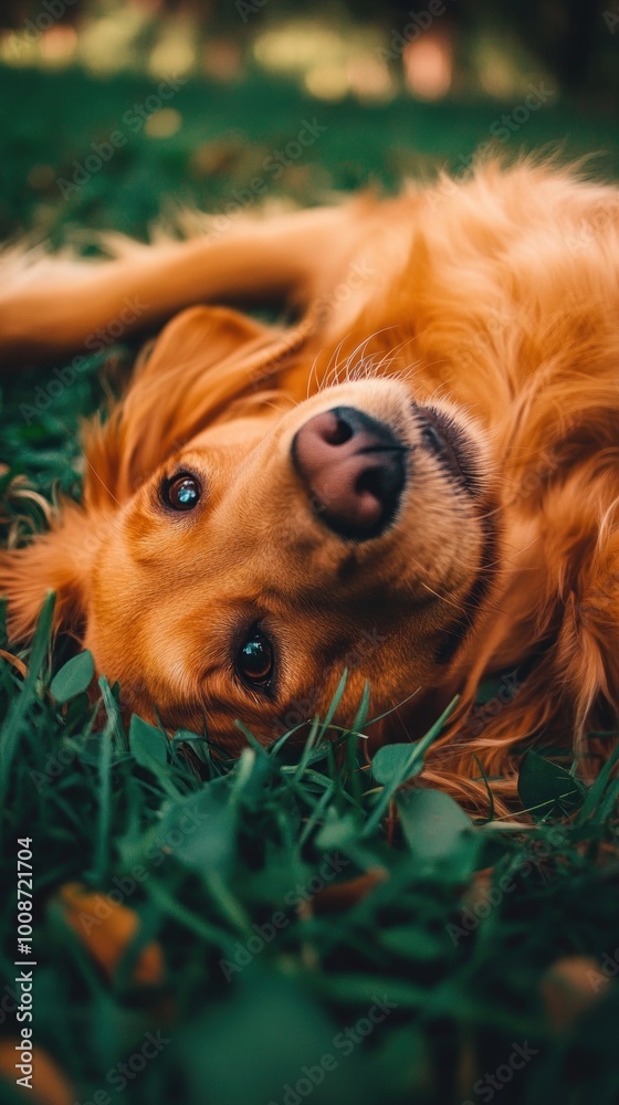 Poster A golden retriever relaxing on the grass, showcasing a peaceful and joyful moment.