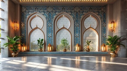 Obraz premium 3d illustration stand booth backdrop photo wall of fame islamic ramadan ied decoration with curtain windows and lantern blank space logo company for event exhibition. Image background isolated