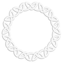 Simple Celtic knots circular frame, white. Linear border made with Celtic knots, which looks like a plaster ornament, for use in St. Patrick's Day designs.