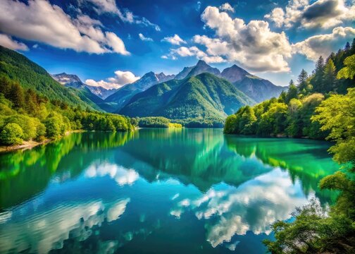 Tranquil Lake Chalan Surrounded by Lush Greenery and Majestic Mountains Under a Clear Blue Sky