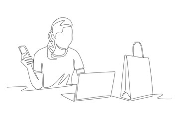 Woman shopping online via smartphone. Online shopping concept one-line drawing
