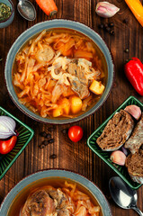 Soup borshch in bowl, Ukrainian cuisine.