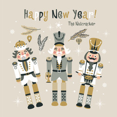 Christmas illustration card with Nutcrackers on a background New year illustration.