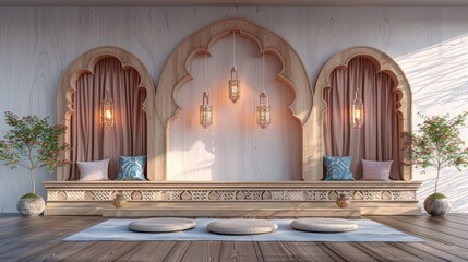 3d illustration stand booth backdrop photo wall of fame islamic ramadan ied decoration with curtain windows and lantern blank space logo company for event exhibition. Image background isolated