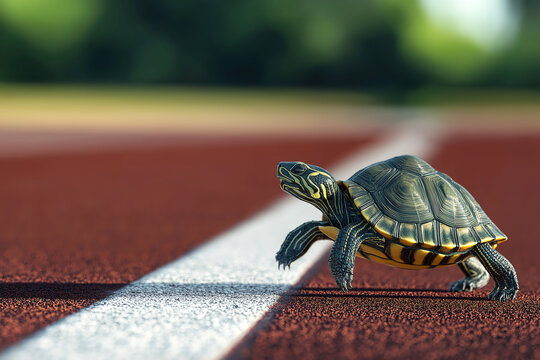 animal by ai // turtle on running track on the finish line, closeup, side view, bokeh background, photorealistic