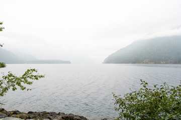 Views of Lake Crescent on a rainy and foggy day in moody Washington state.