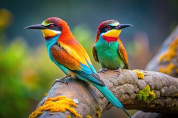 Fototapeta premium Two Birds Sitting on a Branch with a Stone Below, Symbolizing Duality and Nature's Harmony