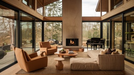 Fototapeta premium A cozy living room with large glass windows offering a beautiful view of a lush forest.