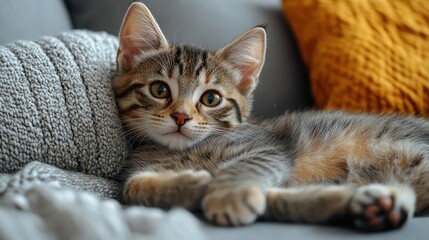 closeup of a playful tabby kitten resting on a grey couch showcasing its adorable features and soft fur perfect for animal lovers and pet care designs
