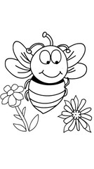 A simple black-and-white drawing of a bee and flowers designed as a coloring page for kids.