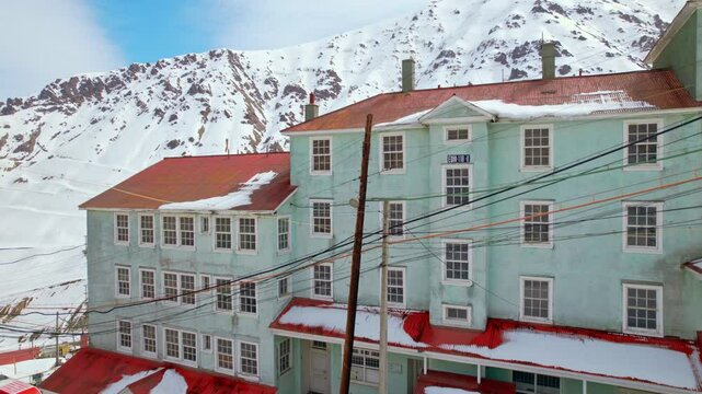Drone Fly Snowy Andean Chile's Cordillera Mountain Mining Town of Sewell Aerial view