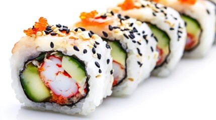 Fresh Sushi Rolls on White Background