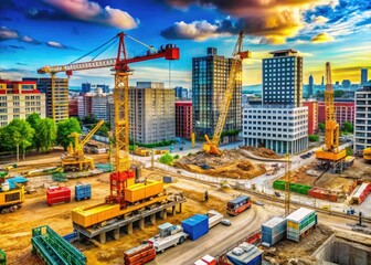 Fototapeta premium Urban Land Development Project with Cranes and Construction Equipment in a Growing City Landscape