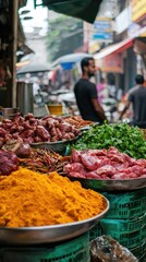 Obraz premium Vibrant market scene with colorful spices and fresh produce, showcasing the richness of local cuisine and culture.