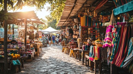 Vibrant marketplace filled with colorful crafts, textiles, and local goods. A lively atmosphere under the warm sunlight.