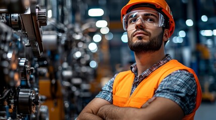 Industrial engineer inspecting a production line, wearing a safety helmet and vest, modern factory setting with machines running