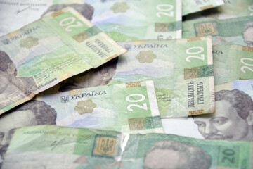 Processed collage of Ukrainian Hryvnia UAH bills banknotes texture. Background for banner