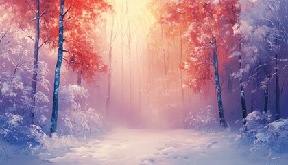 Naklejka premium A snowy forest path leading into the sun, the trees are covered in frost and snow.