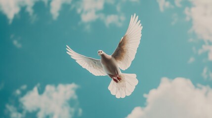 Obraz premium A white dove soars effortlessly in the bright blue sky, gliding among fluffy clouds, embodying peace and tranquility in a warm midday atmosphere