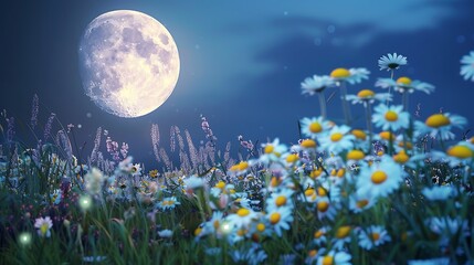 Fototapeta premium A serene full moon illuminating a calm lake at midnight.