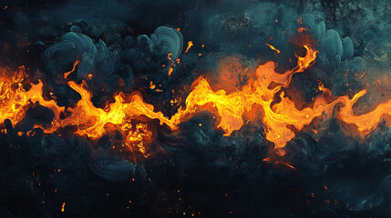 Fiery flames dance against a hazy, dark night.