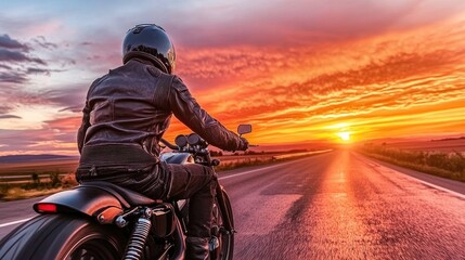 Biker Riding into a Stunning Sunset on Open Road