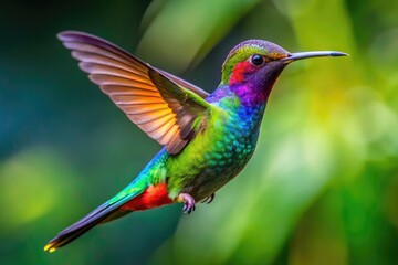 Vibrant and Colorful Hummingbird in Flight Captured Against a Lush Green Natural Background