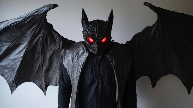 Fototapeta A DIY bat costume with large, leather-textured wings and glowing red eyes, perfect for a last-minute Halloween transformation.