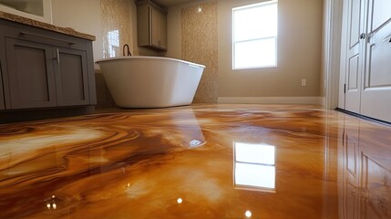 Shiny bathroom floor with swirling colors. This epoxy floor is perfect for showing off the beauty of your home.