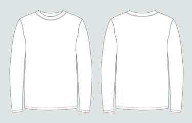Long sleeve round neck Technical Sketch flat fashion T-shirt front and back view . Apparel dress design CAD Mock up Vector Illustration template.