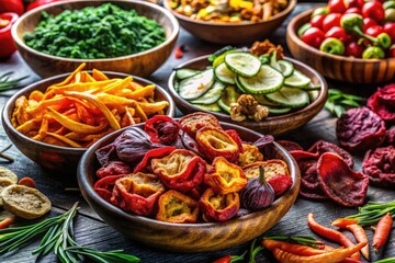 Fototapeta premium Vibrant Assortment of Dehydrated Vegetables for Healthy Cooking and Nutritional Recipes Displayed