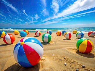 Obraz premium Vibrant Beach Balls Bouncing on Sandy Shore Under a Clear Blue Sky in Summer Fun Atmosphere