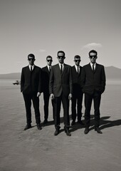 Fototapeta premium Four man wearing black suit and black sunglasses photography transportation accessories.