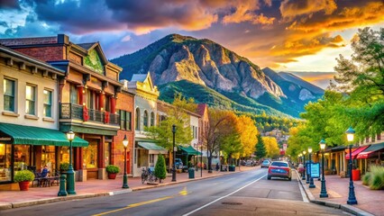 Naklejka premium Vibrant Boulder Downtown Scene with Shops, Cafes, and Scenic Mountain Views Under Bright Blue Sky