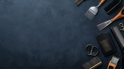 Hairdressing tools, like scissors and combs, neatly arranged on a black surface. There's plenty of empty space in the middle.