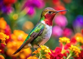 Fototapeta premium Vibrant Broad-Tailed Hummingbird Perched Among Colorful Flowers in a Sunlit Garden Setting