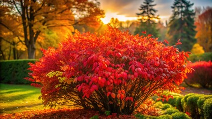 Vibrant Burning Bush Foliage Illuminated by Soft Light in Autumn Landscape with Lush Green Background