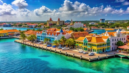 Fototapeta premium Vibrant Caribbean Scene of Oranjestad in Aruba Featuring Colorful Buildings and Blue Waters
